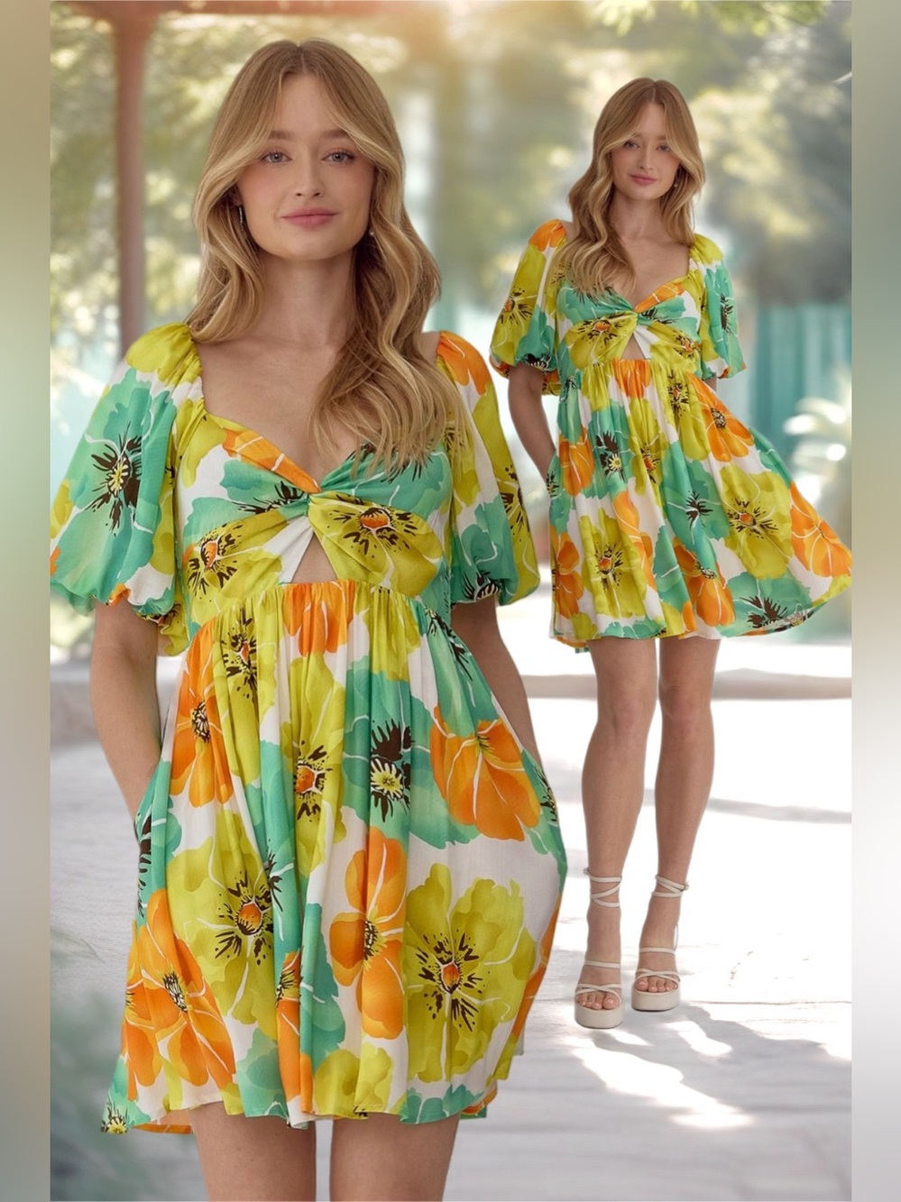 Entro | The Poppy Twist Front Cut Out Mini Dress Green Orange Floral New Medium
